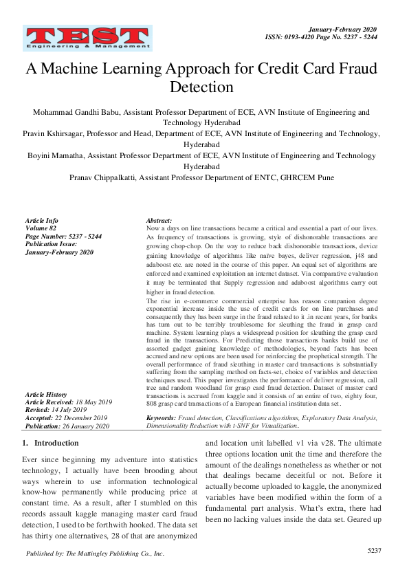 (PDF) A Machine Learning Approach for Credit Card Fraud Detection
