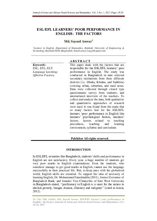 (PDF) ESL/EFL LEARNERS’ POOR PERFORMANCE IN ENGLISH: THE FACTORS