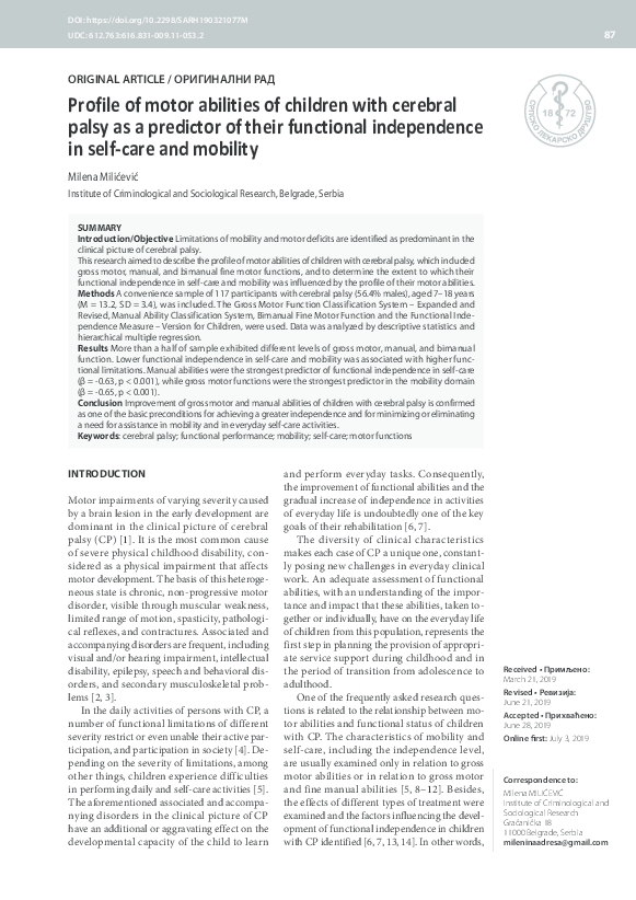 (PDF) Profile of motor abilities of children with cerebral palsy as a ...