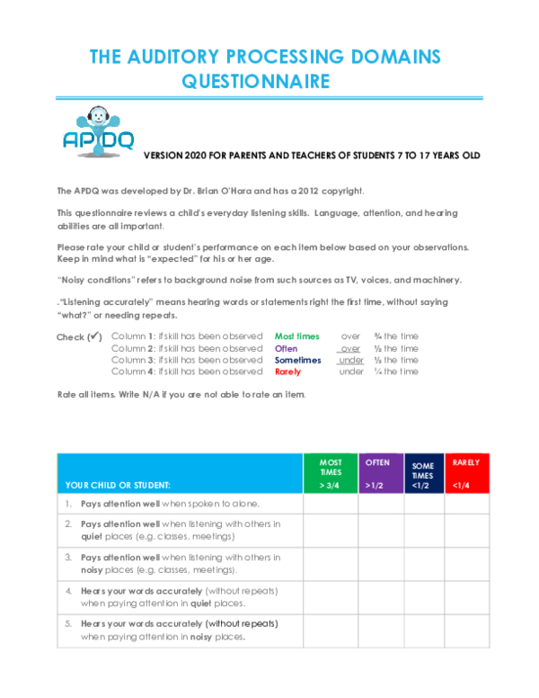 (PDF) THE AUDITORY PROCESSING DOMAINS QUESTIONNAIRE VERSION 2020 FOR