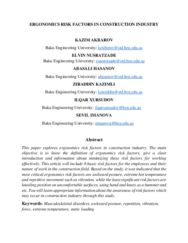 (PDF) ERGONOMICS RISK FACTORS IN CONSTRUCTION INDUSTRY