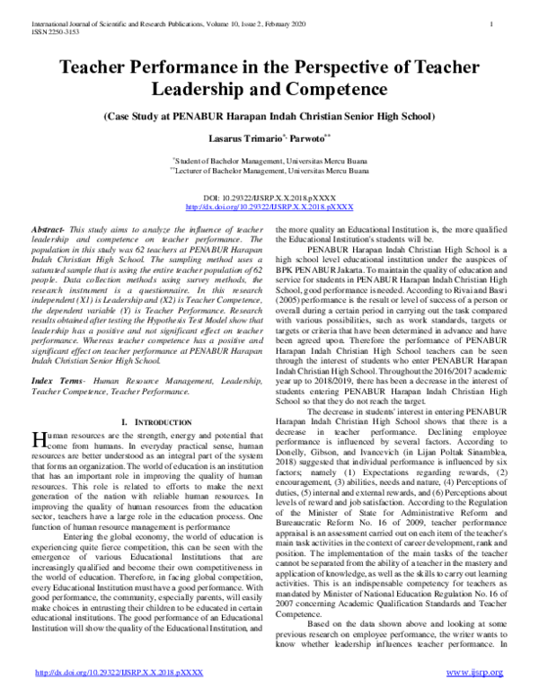 (PDF) Teacher Performance in the Perspective of Teacher Leadership and Competence (Case Study at