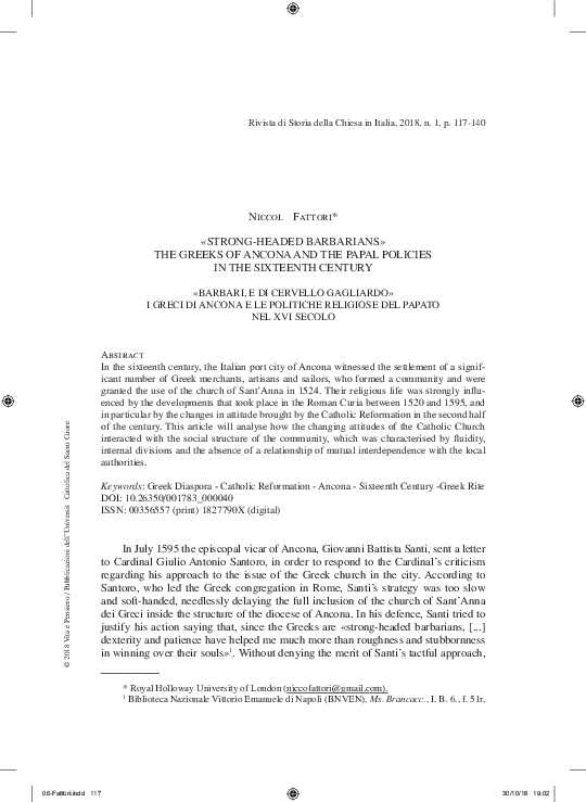 (PDF) «Strong-headed barbarians» - The Greeks of Ancona and the Papal ...