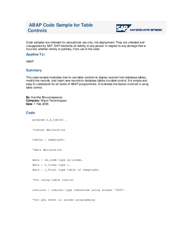 (PDF) ABAP Code Sample for Table Controls