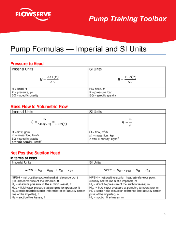 (PDF) Pump Formulas -Imperial and SI Units Pressure to Head Imperial ...