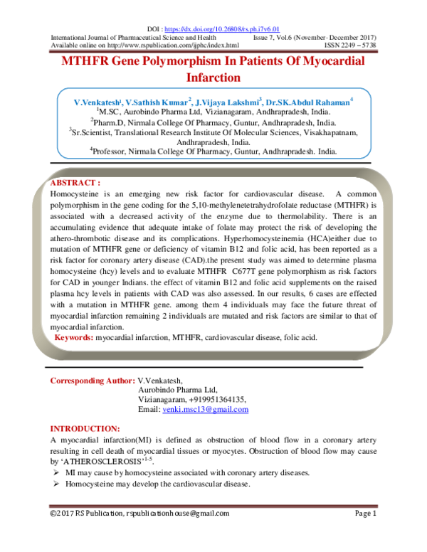 (PDF) MTHFR Gene Polymorphism In Patients Of Myocardial Infarction