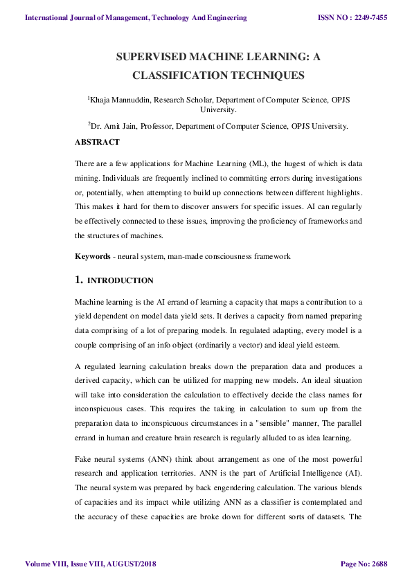 (PDF) SUPERVISED MACHINE LEARNING: A CLASSIFICATION TECHNIQUES