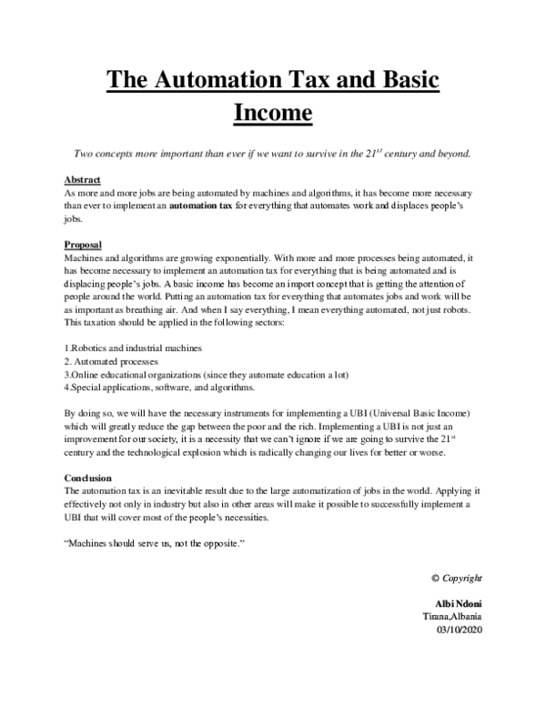 (PDF) The Automation Tax and Basic Income