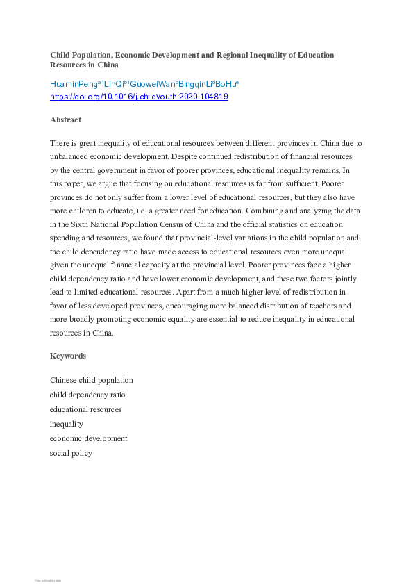 (PDF) Child Population, Economic Development and Regional Inequality of ...