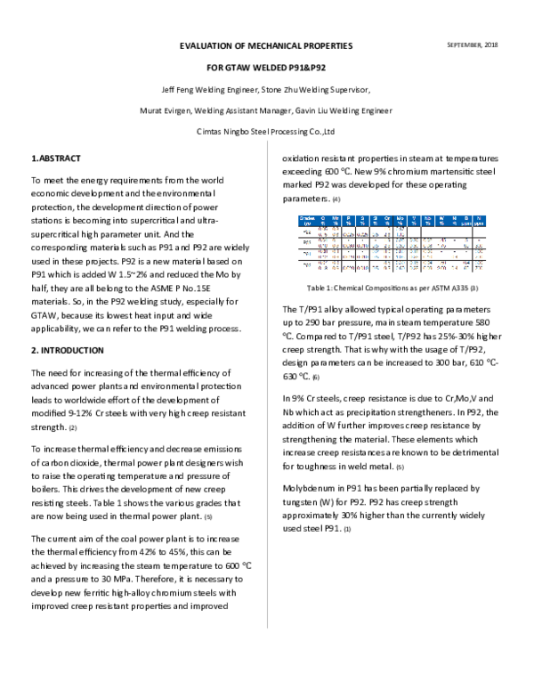 (DOC) EVALUATION OF MECHANICAL PROPERTIES FOR GTAW WELDED P91&P92