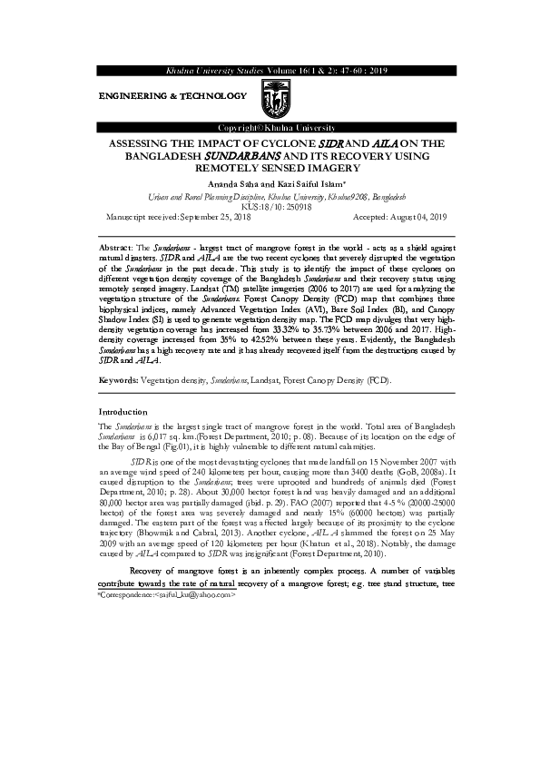 (PDF) ASSESSING THE IMPACT OF CYCLONE SIDR AND AILA ON THE BANGLADESH ...