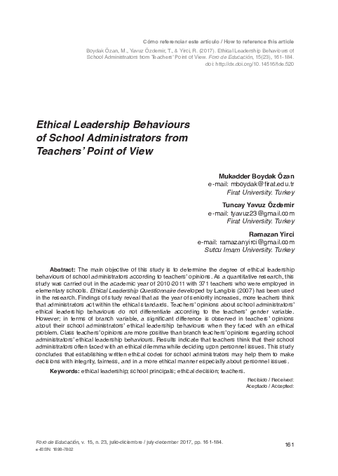 (PDF) Ethical Leadership Behaviours of School Administrators from ...