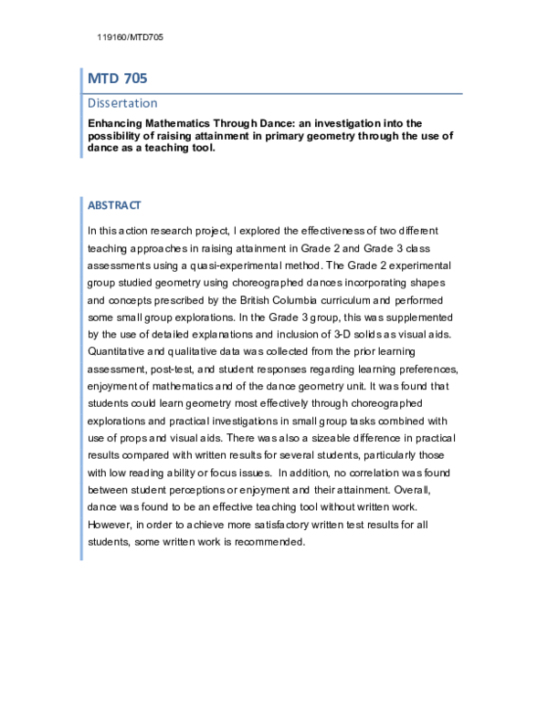 (PDF) MTD 705 Dissertation Enhancing Mathematics Through Dance: an ...