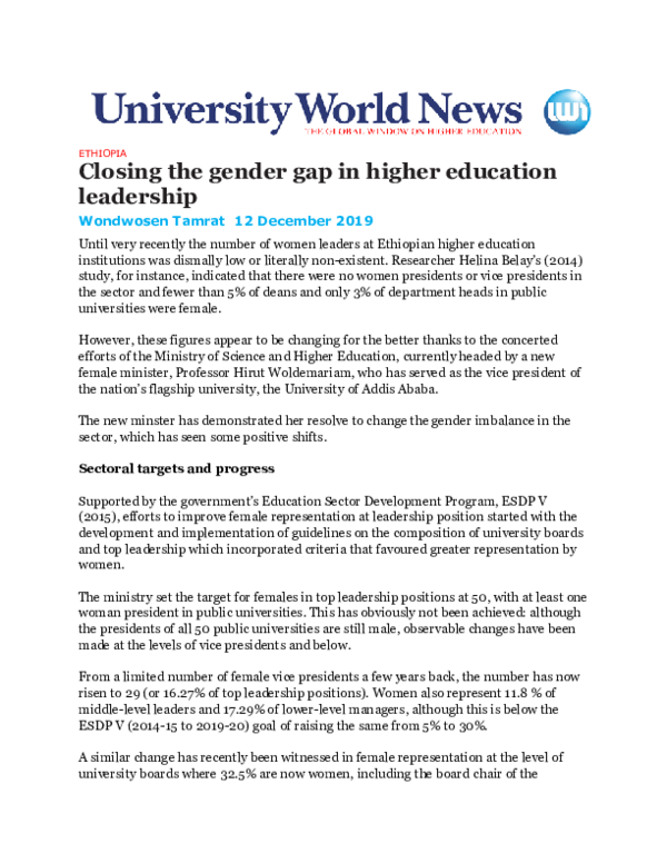(PDF) Closing the gender gap in higher education leadership