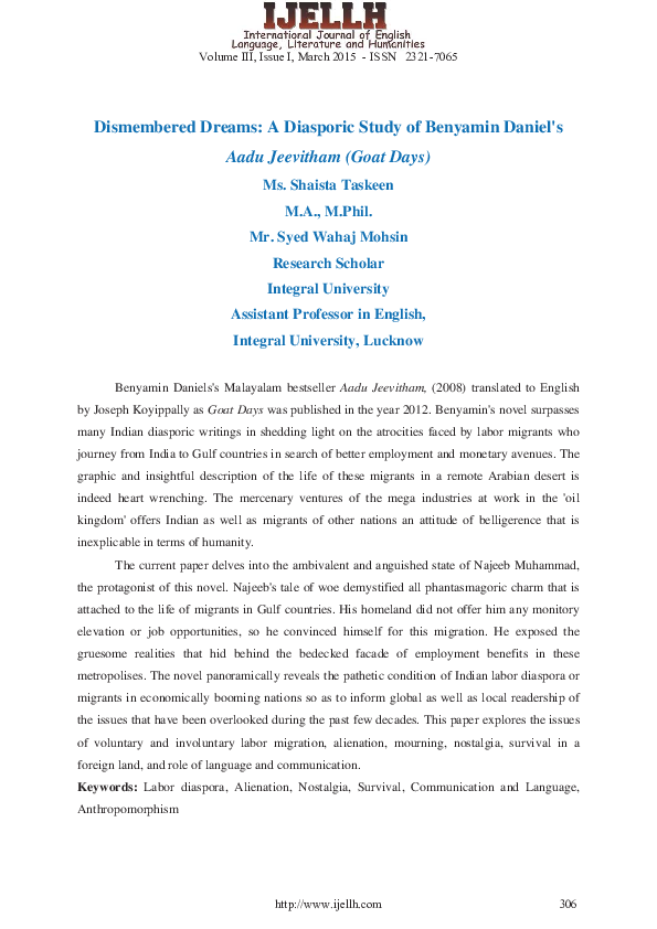 Pdf Dismembered Dreams A Diasporic Study Of Benyamin Daniel S du Jeevitham Goat Days Dr Syed Wahaj Mohsin Academia Edu