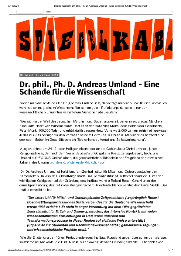 Wolfgang Jungmann: Dr. phil., Ph. D. Andreas Umland - Eine Schande für die Wissenschaft