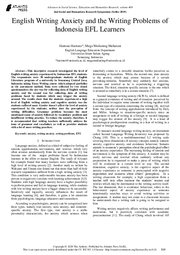 (PDF) English Writing Anxiety and the Writing Problems of Indonesia EFL ...