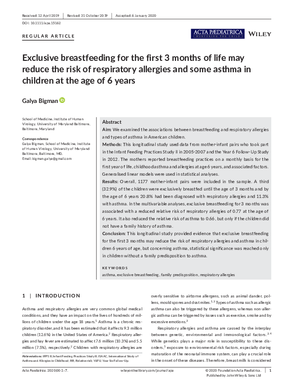 (PDF) Exclusive breastfeeding for the first 3 months of life may reduce ...