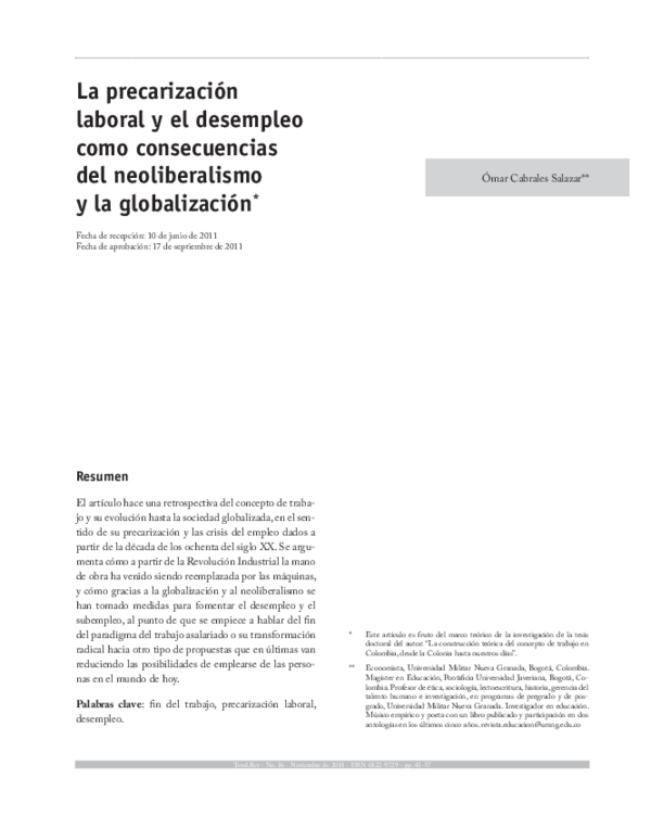 (PDF) La Precarizacion Laboral y el desempleo como consecuencias del ...