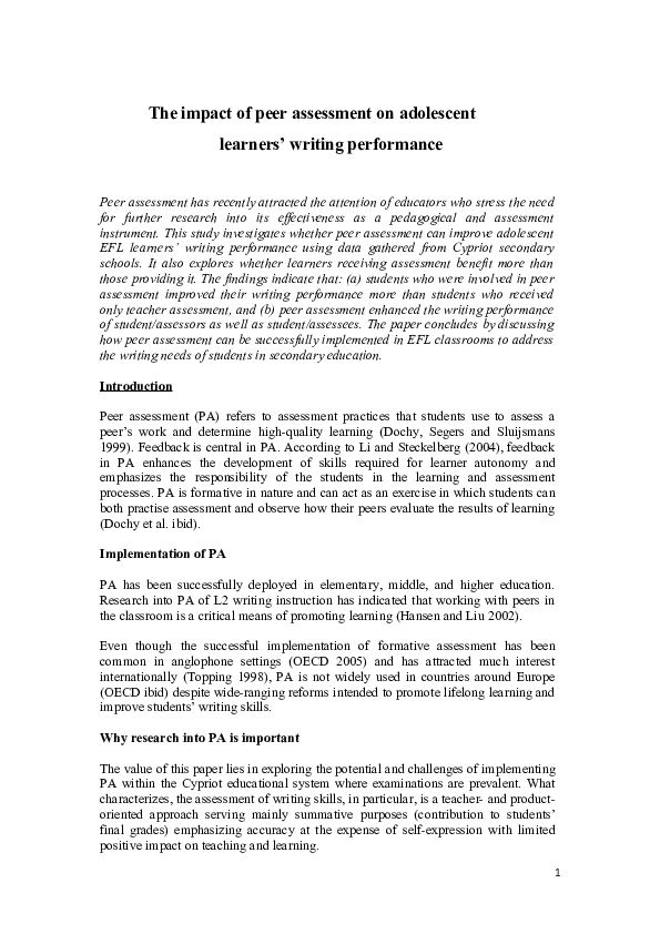(DOC) The impact of peer assessment on adolescent learners’ writing ...