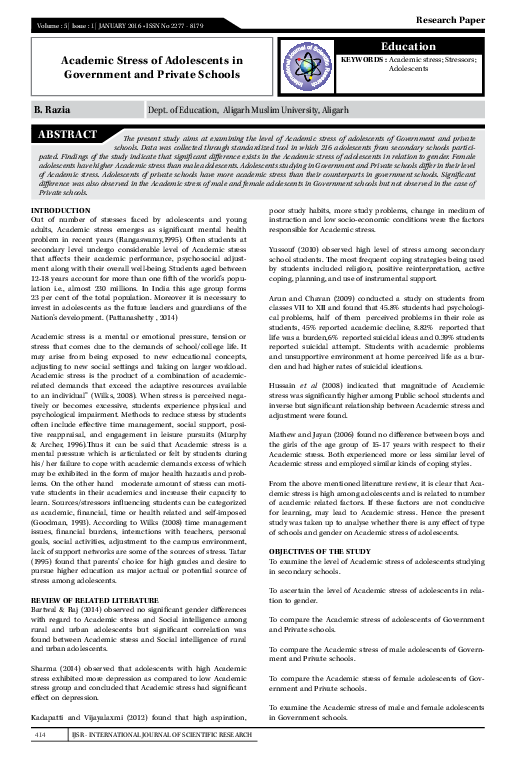 (PDF) Academic Stress of Adolescents in Government and Private Schools