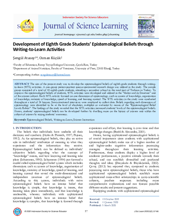 (PDF) Development of Eighth Grade Students' Epistemological Beliefs ...