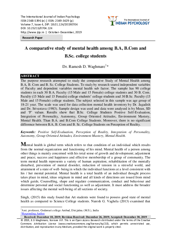 (PDF) A comparative study of mental health among B.A, B.Com and B.Sc ...