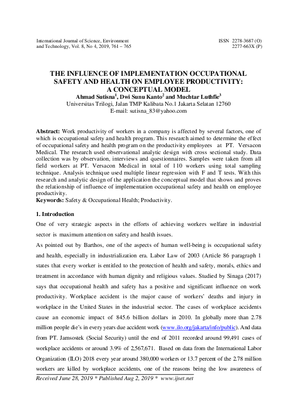 (PDF) THE INFLUENCE OF IMPLEMENTATION OCCUPATIONAL SAFETY AND HEALTH ON ...