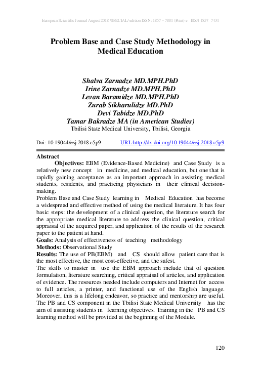 (PDF) Problem Base and Case Study Methodology in Medical Education