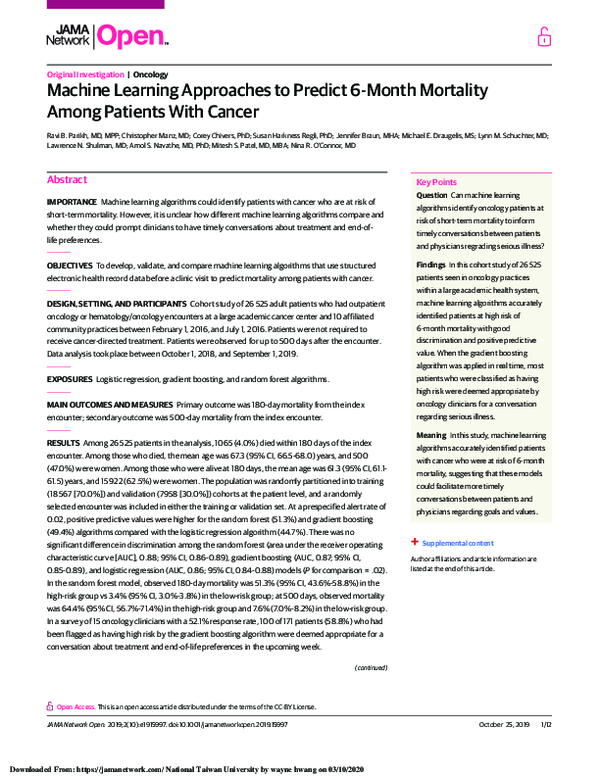 (PDF) Machine Learning Approaches to Predict 6-Month Mortality Among ...