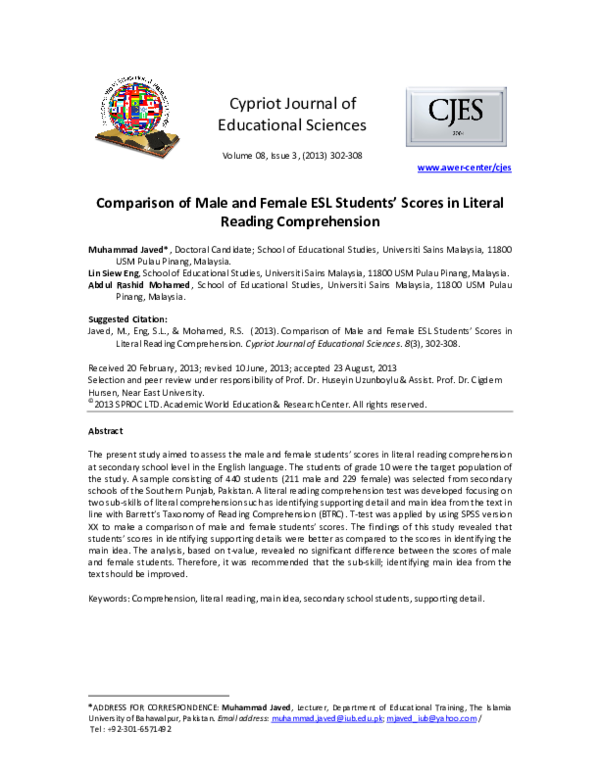 (PDF) Comparison of Male and Female ESL Students' Scores in Literal ...