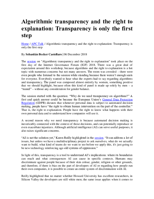 (PDF) Algorithmic transparency and the right to explanation ...