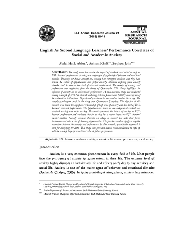 (PDF) English As Second Language Learners' Performance Correlates of ...