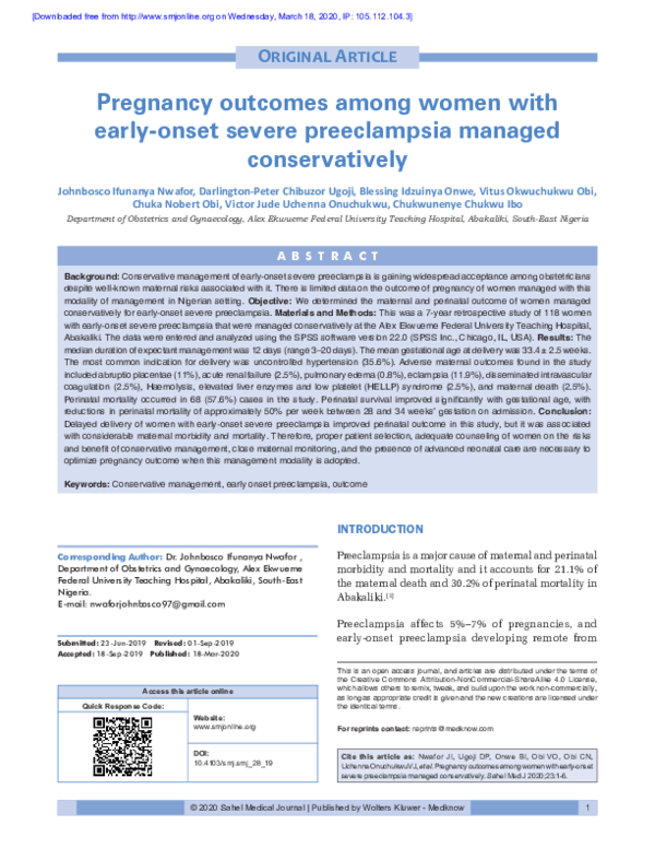 (PDF) Pregnancy outcomes among women with early onset severe ...