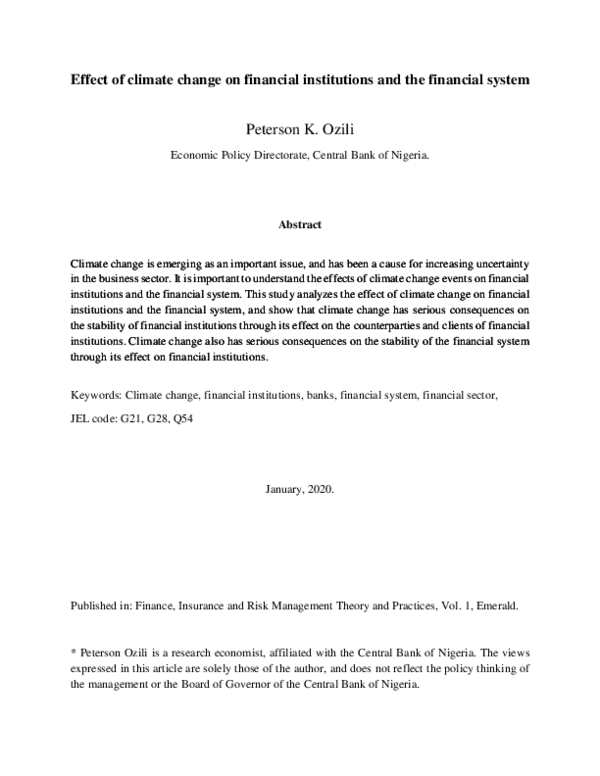 (PDF) Effect of climate change on financial institutions and the ...