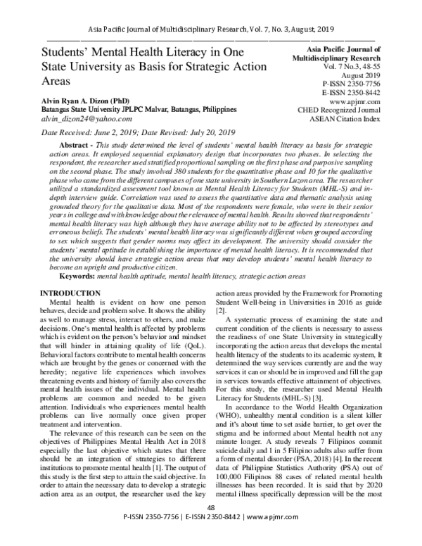 (PDF) Students’ Mental Health Literacy in One State University as Basis ...