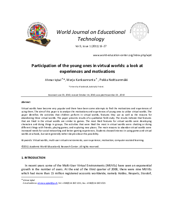(PDF) Participation of the young ones in virtual worlds: a look at ...