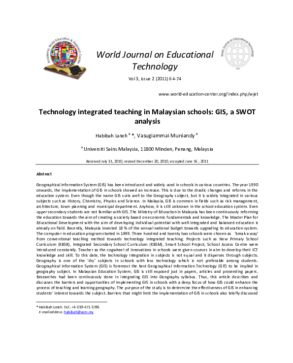 (PDF) Technology integrated teaching in Malaysian schools: GIS, a SWOT ...