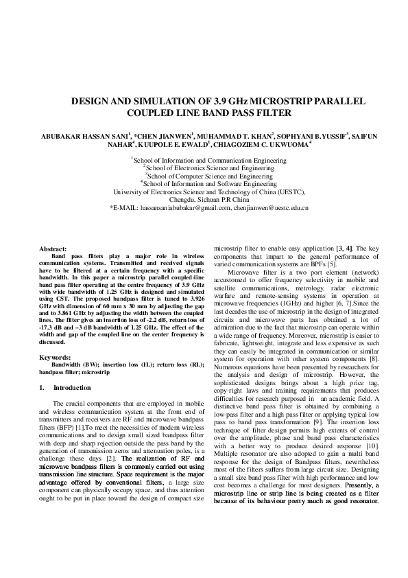 (PDF) DESIGN AND SIMULATION OF 3.9 GHz MICROSTRIP PARALLEL COUPLED LINE ...