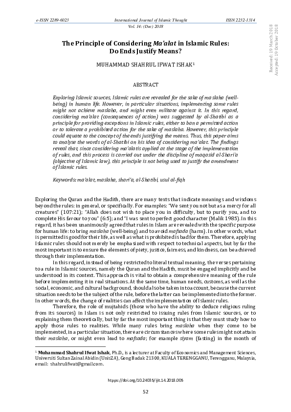 (PDF) The Principle of Considering Ma'alat in Islamic Rules: Do Ends ...
