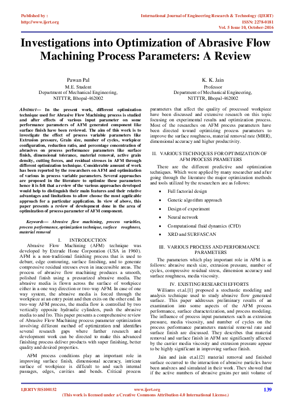 (PDF) IJERTInvestigations into Optimization of Abrasive Flow Machining Process Parameters A