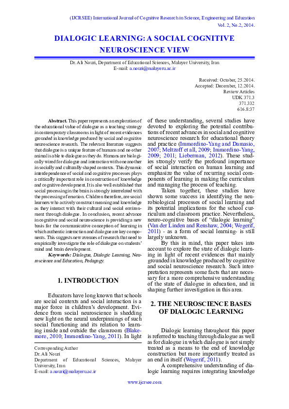 (PDF) Dialogic Learning A Social Cognitive Neuroscience Wiev20200320 ...