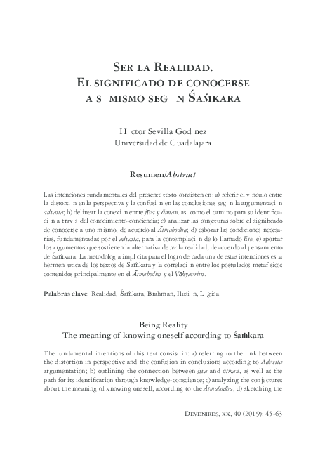 PDF) Ser la Realidad. El significado de conocerse a sí mismo según Śaṁkara  | Héctor Sevilla Godínez - Academia.edu