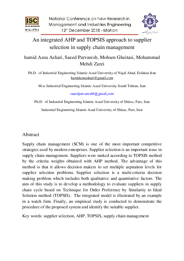 (PDF) An integrated AHP and TOPSIS approach to supplier selection in ...