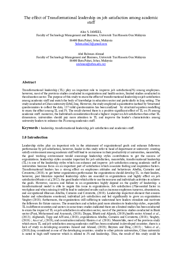 (PDF) The Effect of Transformational leadership on Job Satisfaction ...