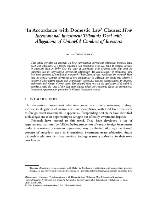 (PDF) 'In Accordance with Domestic Law' Clauses How International