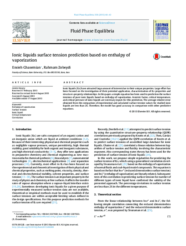 (PDF) Ionic liquids surface tension prediction based on enthalpy of ...