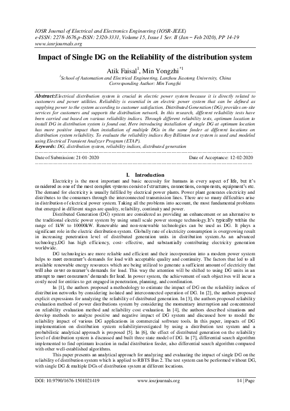 (PDF) Impact of Single DG on the Reliability of the distribution system