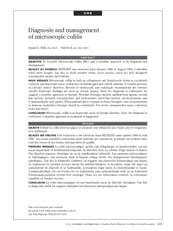 (PDF) Diagnosis and management of microscopic colitis