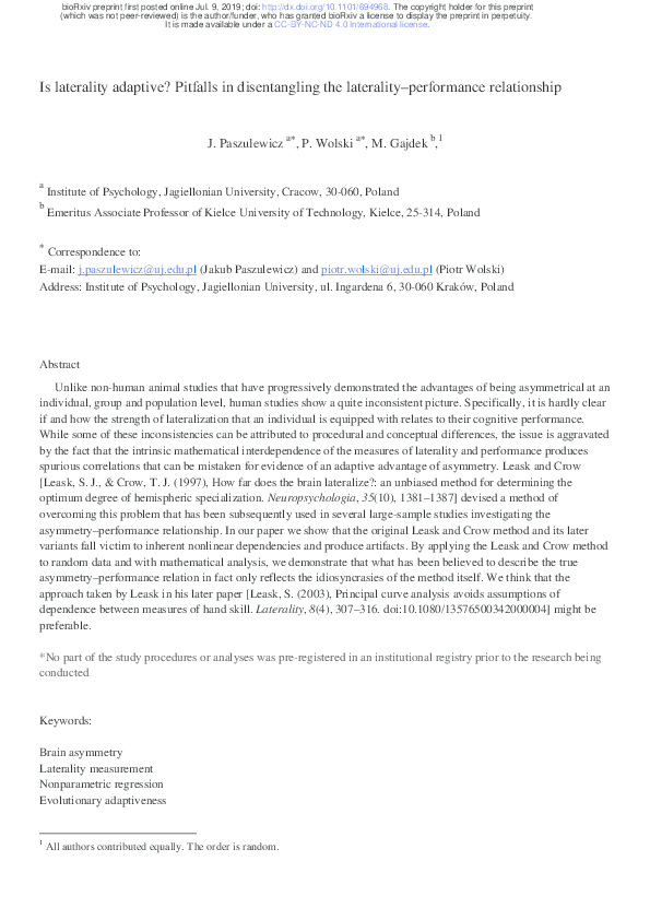 (PDF) Is laterality adaptive? Pitfalls in disentangling the laterality ...